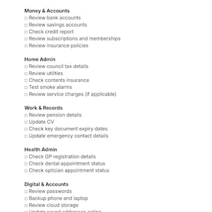 May include: A white checklist titled "Annual Life Admin Checklist (UK)" with sections for Money & Accounts, Home Admin, Work & Records, Health Admin, and Digital & Accounts. The checklist is designed to help keep track of key life admin tasks throughout the year.