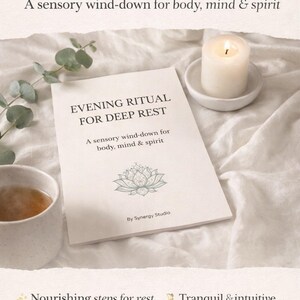 May include: A book titled "Evening Ritual for Deep Rest" with a lotus flower illustration, a lit candle, and a cup of tea on a white surface. The text reads "A sensory wind-down for body, mind & spirit."