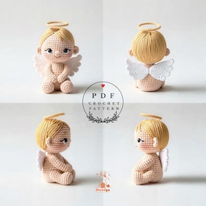Puede incluir: Cuatro muñecas de ángel de ganchillo con cabello rubio, halos y alas blancas. Las muñecas están en varias poses, mostrando las vistas frontal, posterior y lateral. Las muñecas están hechas de hilo beige. La imagen incluye el texto "PDF Crochet Pattern".