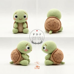 May include: A crocheted turtle with a light green head and limbs, a tan body, and a brown shell. The turtle has black eyes and a smiling mouth. The image includes the text "PDF Crochet Pattern".
