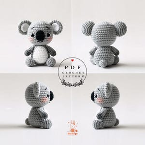 May include: A crocheted gray koala bear with a white belly, black nose, and pink cheeks. The koala has large, round ears with white inner ear details. The image includes the text "PDF CROCHET PATTERN".