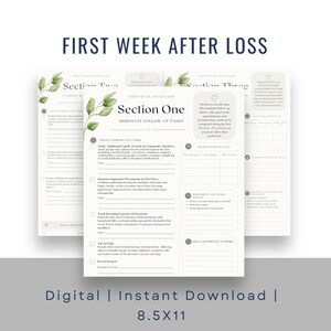 以下が含まれることがあります： 「First Week After Loss」というタイトルのデジタル印刷可能なプランナー。デザインは、即時フォローアップタスク、ドキュメントの場所などのセクションを備えた3ページで構成されています。「Digital | Instant Download | 8.5X11」というテキストが一番下にあります。