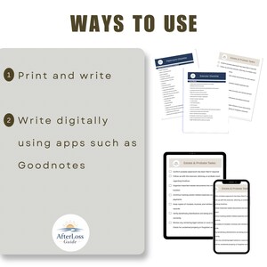 May include: A digital guide titled WAYS TO USE featuring instructions to print and write or write digitally using apps like Goodnotes. The image displays multiple checklists including Paperwork, Executor, and Estate & Probate tasks on paper and screens.