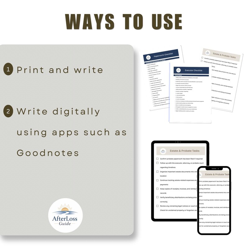 May include: A digital guide titled WAYS TO USE featuring instructions to print and write or write digitally using apps like Goodnotes. The image displays multiple checklists including Paperwork, Executor, and Estate & Probate tasks on paper and screens.