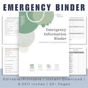 May include: An emergency information binder with a white cover and green accents. The binder includes sections for personal information, allergies, and important documents. The text on the cover reads "Emergency Information Binder" and "Everything You Need in One Place."
