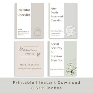 May include: Four printable 8.5x11 inch checklists for estate administration. Titles include Executor Checklist, After Death Paperwork Checklist, 90-Day Estate Wrap-Up, and Social Security & Survivor Benefits. Each document features neutral tones and line art.
