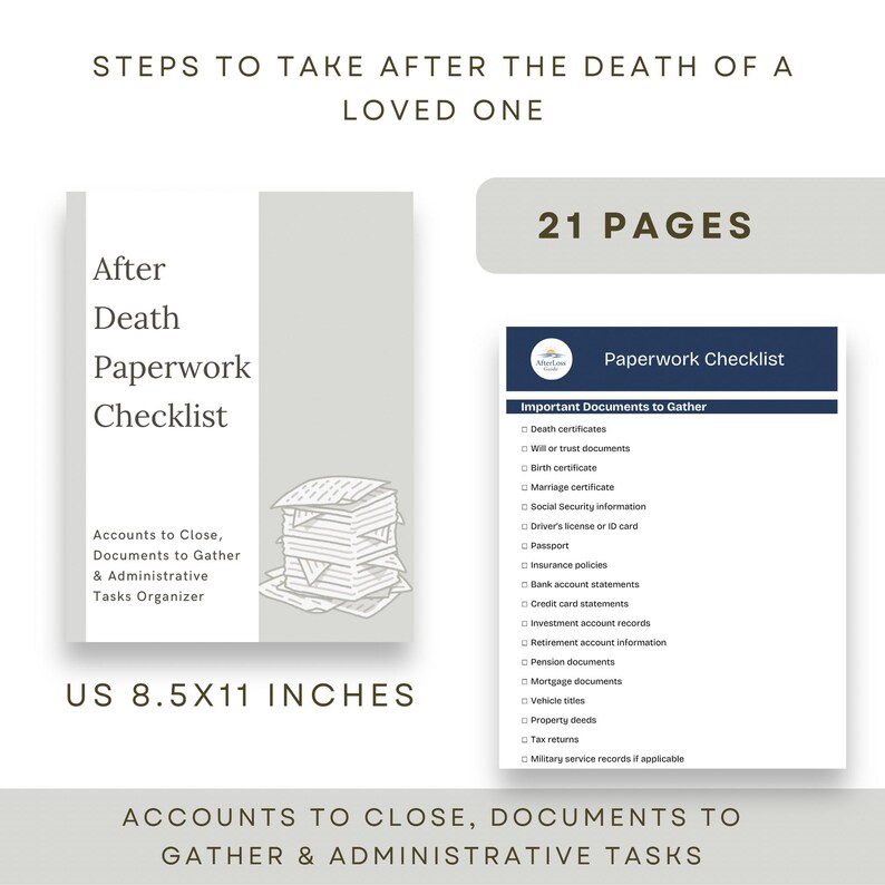 May include: A 21-page After Death Paperwork Checklist organizer measuring 8.5x11 inches. The document includes a cover page with a stack of papers illustration and a detailed checklist page titled Paperwork Checklist for gathering important documents.