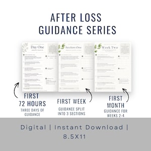May include: A digital download titled "After Loss Guidance Series" with three sections: "Day One," "Section One," and "Week Two." The text includes "First 72 Hours," "First Week," and "First Month." The size is 8.5x11 inches.