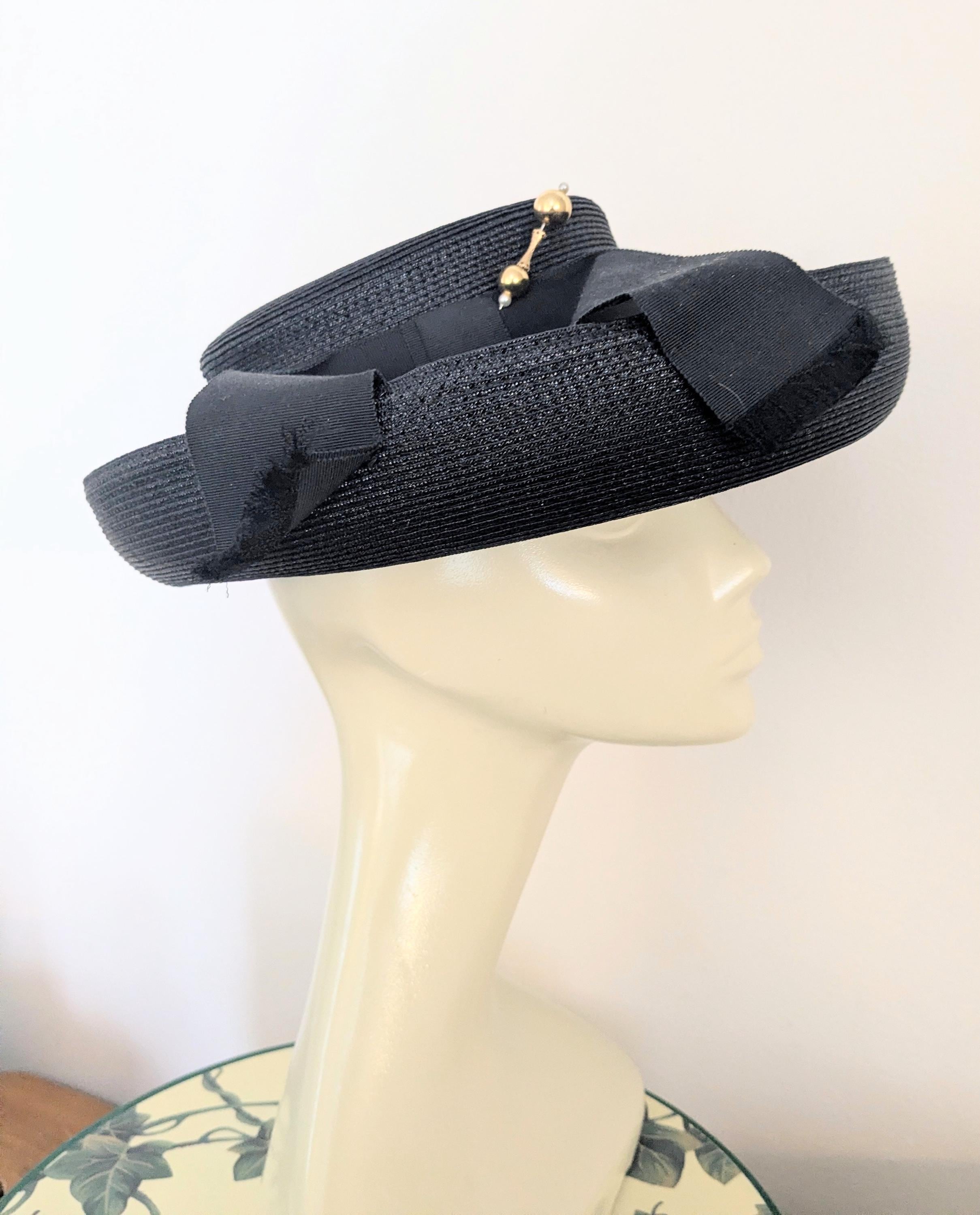 Vintage 1960s Cherry & Webb Black Straw Dress Hat Satin Cream Ribbon Netting P1260188__21014.1761757823.JPG?c=2 main image 3