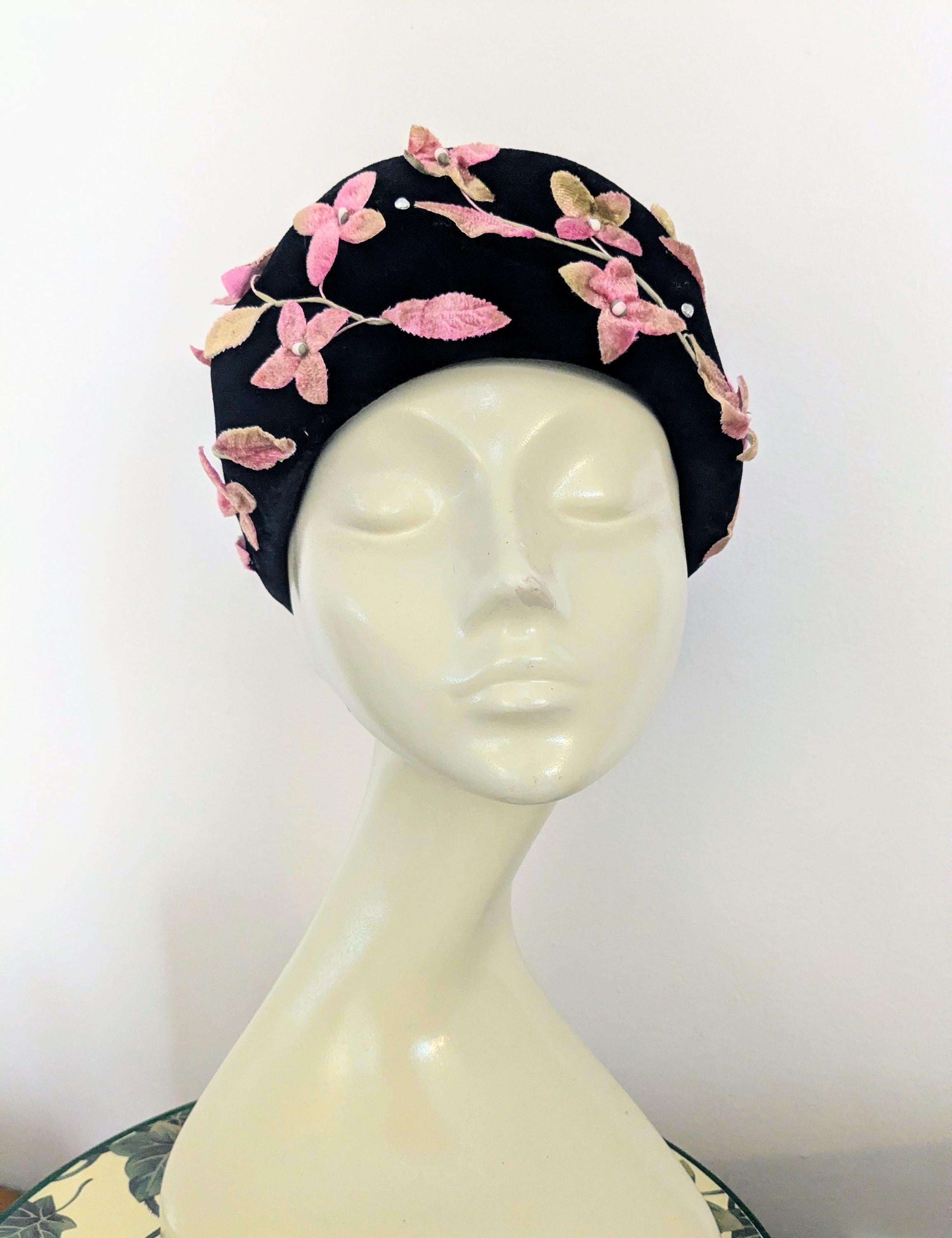 Rare Vintage 1950s Christine Original New York Black Velvet Pillbox Hat with Pink & Gold Floral Appliqués