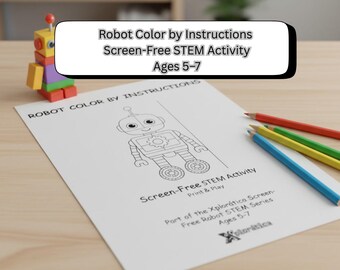 Robot Color by Instructions – Printable STEM Coloring Worksheet (Ages 5–7)
