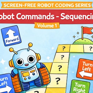 Könnte beinhalten: Eine pädagogische Illustration mit dem Text "SCREEN-FREE ROBOT CODING SERIES" und "Robot Commands - Sequencing". Ein blauer Roboter mit orangefarbenen Ketten ist abgebildet, zusammen mit Richtungsbefehlskarten und einem Weg zu einem Ziel. Band 1 wird ebenfalls angezeigt.