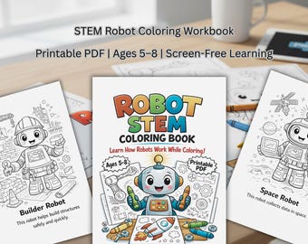 STEM Robot Coloring Workbook Printable | Robotics & Early Coding Ages 5–8