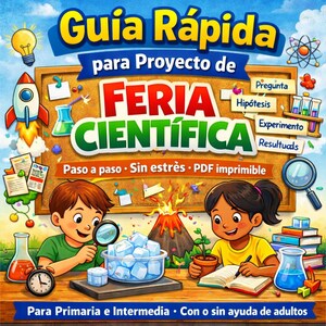 May include: A colorful illustration for a science fair project guide. The title "Guía Rápida para Proyecto de Feria Científica" is displayed above two children with science-related items. Includes a rocket, volcano, and magnifying glasses.