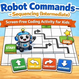 Peut inclure: Jeu éducatif coloré "Robot Commands" pour enfants. Il présente un robot, des boutons de commande comme "Avancer" et "Tourner à gauche", et un parcours sur une grille. L'objectif est marqué par une étoile. Activité de codage sans écran.