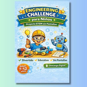 May include: A colorful illustration for an "Engineering Challenge" for children. The image features a young boy with a lightbulb, a robot, and tools. Text includes "Engineering Challenge," "para Niños," and "Proyecto STEM sin Pantallas."