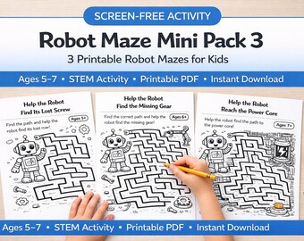 Robot Maze Printable Pack for Kids | Screen Free STEM Activity Ages 5-7