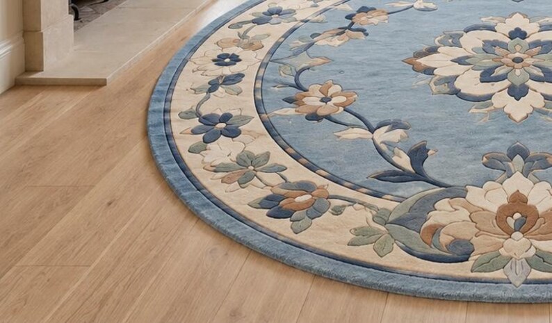 Handmade Round Wool Rug – Blue Floral Medallion, New Zealand Wool, Hand ...