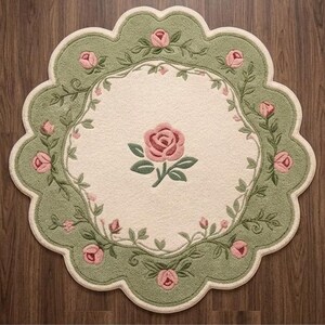 Op de afbeelding: Een rond tapijt met een geschulpte rand, voorzien van een cr&egrave;mekleurig midden met een enkele roze roos en groene bladeren. De brede, saliegroene rand is versierd met een doorlopend rankpatroon van kleine roze rozenknoppen en groen blad.