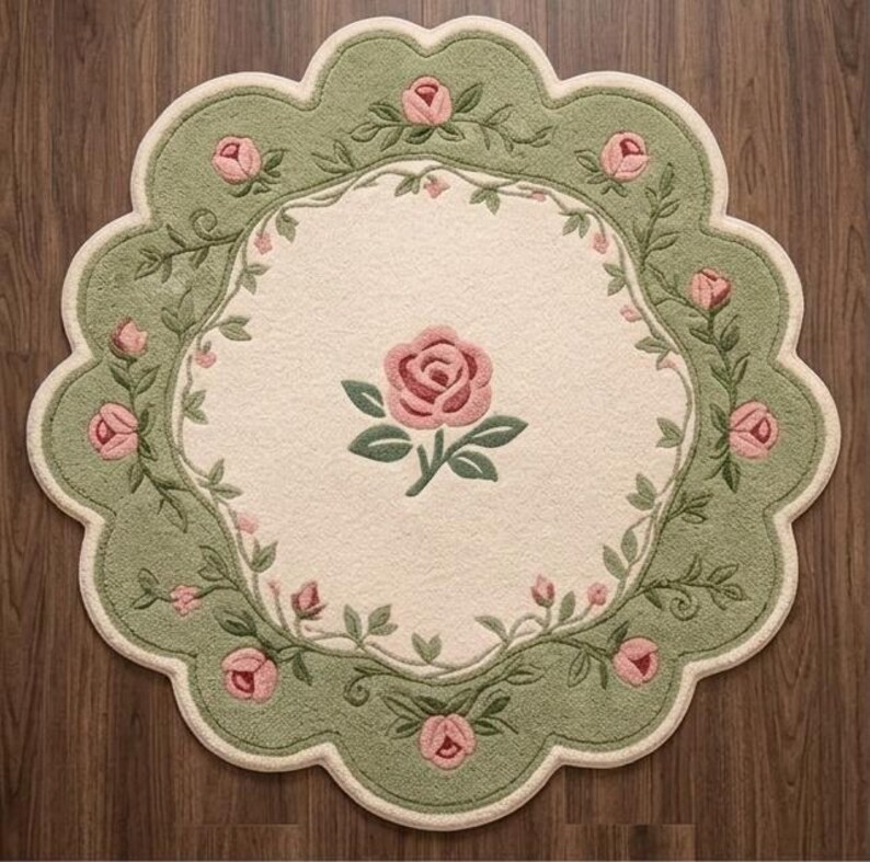 Op de afbeelding: Een rond tapijt met een geschulpte rand, voorzien van een cr&egrave;mekleurig midden met een enkele roze roos en groene bladeren. De brede, saliegroene rand is versierd met een doorlopend rankpatroon van kleine roze rozenknoppen en groen blad.