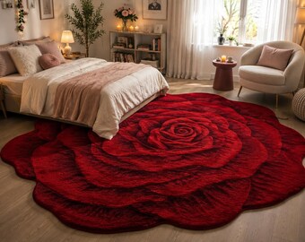 Handgetuft vloerkleed met rode rozen, 3D-gevormd wollen tapijt, romantisch bloemenkleed
