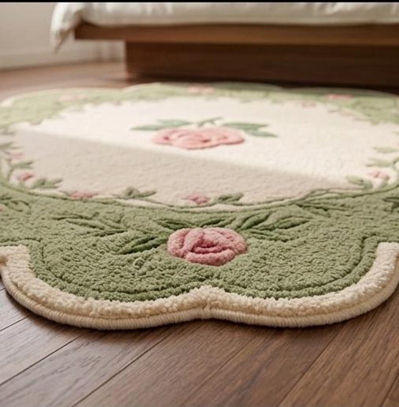 Op de afbeelding: Een vloerkleed met geschulpte randen en een cr&egrave;mekleurig midden met een centraal roze rozenmotief, omringd door een brede saliegroene rand versierd met reli&euml;f roze rozenbloesems en groene bladpatronen over het gehele getextureerde oppervlak.