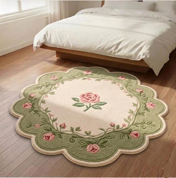Vintage Floral Scalloped Rug, Sage Green Pink Rose Cottagecore Carpet