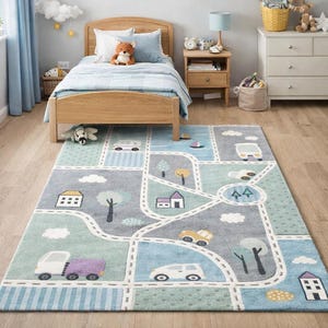 Kids Play Road Rug – Soft City Map Area Rug, Non-Slip Plush Carpet