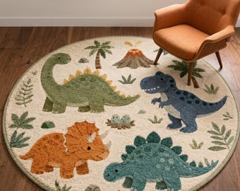 May include: A round, cream-colored area rug featuring a tufted pattern of four colorful dinosaurs, a volcano, palm trees, and small rocks. The dinosaurs are depicted in shades of green, blue, and orange, arranged across the surface.