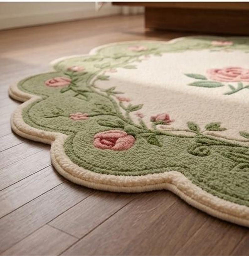 Op de afbeelding: Een vloerkleed met geschulpte randen, een cr&egrave;mekleurig midden en een brede saliegroene rand. De rand is versierd met geborduurde roze rozenbloesems en groene bladranken. Het kleed heeft een getextureerd, getuft oppervlak en een cr&egrave;mekleurige bies.
