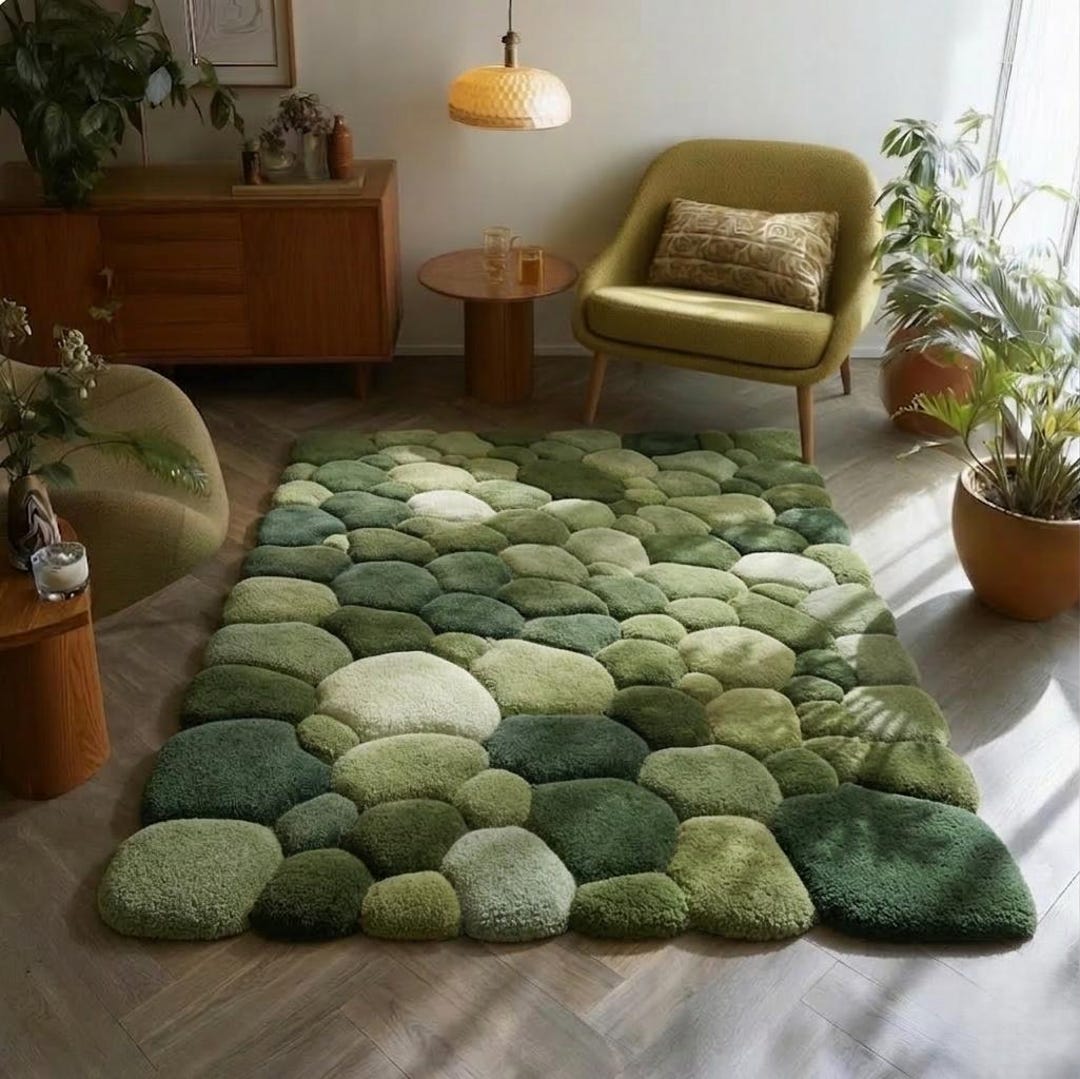 Moss Stone Pebble Rug | 3D Textured Green Area Rug | Hand Tufted Nature ...