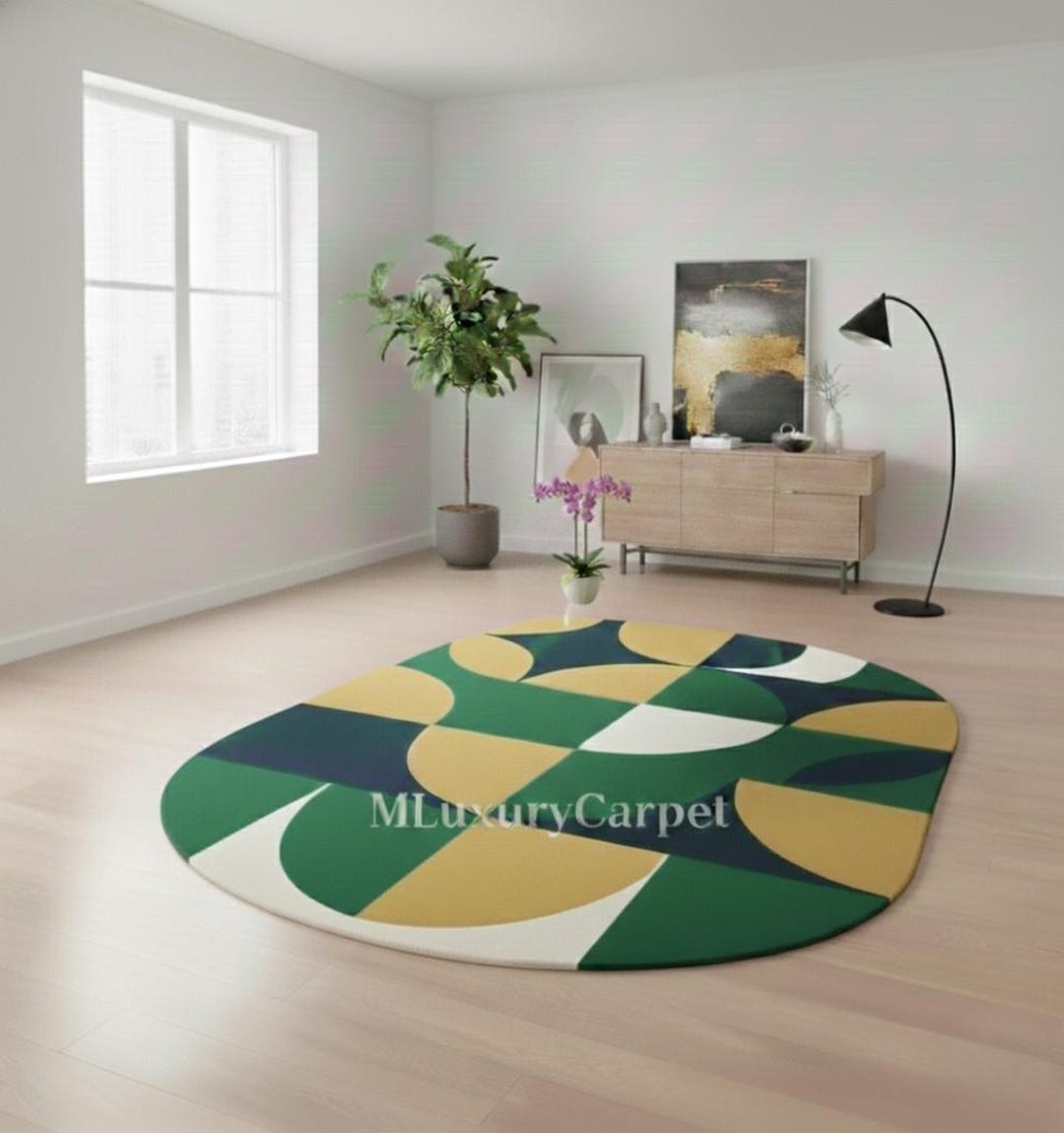 Green and Gold Geometric Round Area Rug – Modern Abstract Design - Etsy