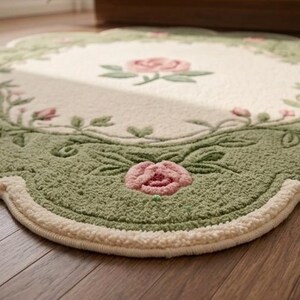Op de afbeelding: Een rond vloerkleed met een cr&egrave;mekleurig midden en een enkel roze rozenmotief, omringd door een brede, getextureerde saliegroene rand versierd met een herhalend patroon van roze rozenbloesems, groene bladeren en geschulpte randen.