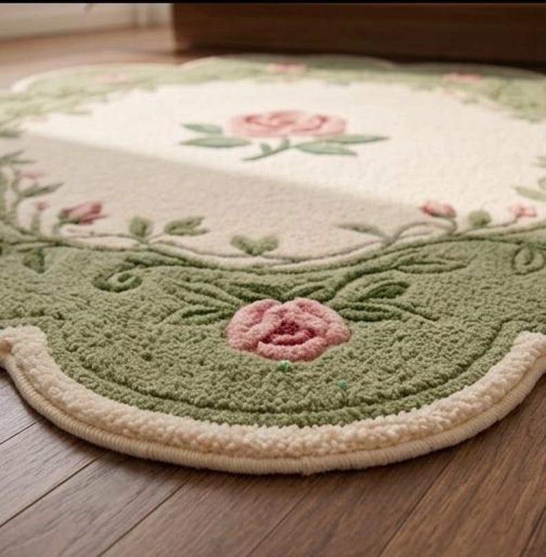 Op de afbeelding: Een rond vloerkleed met een cr&egrave;mekleurig midden en een enkel roze rozenmotief, omringd door een brede, getextureerde saliegroene rand versierd met een herhalend patroon van roze rozenbloesems, groene bladeren en geschulpte randen.