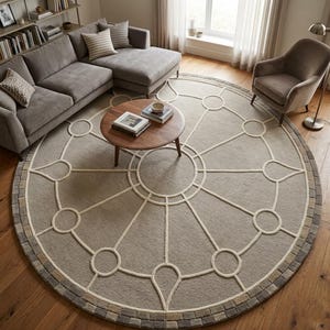Alfombra redonda geométrica moderna – Alfombra con estampado circular en tonos neutros beige y gris, alfombra minimalista para sala de estar, decoración de suelo suave y contemporánea.