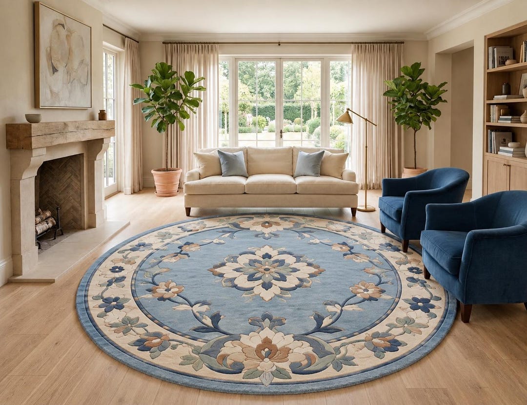 Handmade Round Wool Rug – Blue Floral Medallion, New Zealand Wool, Hand ...