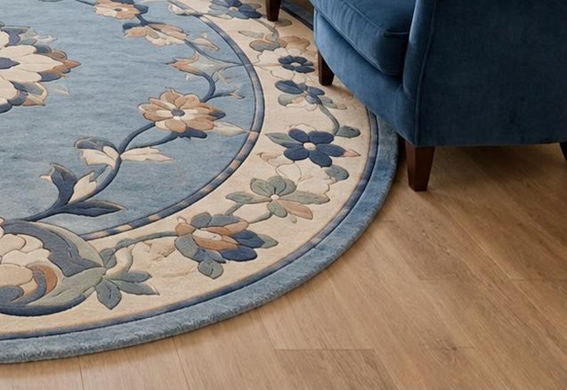 Handmade Round Wool Rug – Blue Floral Medallion, New Zealand Wool, Hand ...