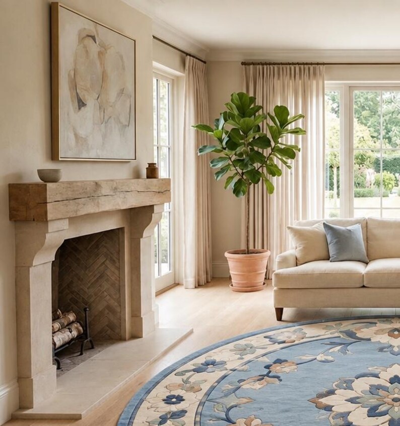 Handmade Round Wool Rug – Blue Floral Medallion, New Zealand Wool, Hand ...