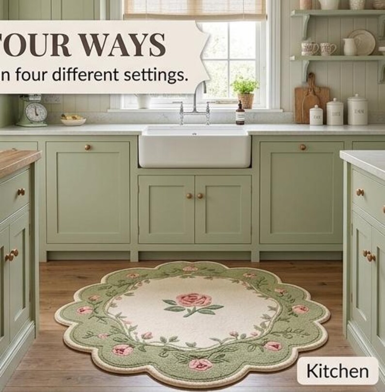 Op de afbeelding: Een rond tapijt met geschulpte randen, een cr&egrave;mekleurig midden met een roze roos en groene bladeren, omringd door een saliegroene rand met roze rozenknoppen. De tekst "OUR WAYS in four different settings." en "Kitchen" zijn zichtbaar.