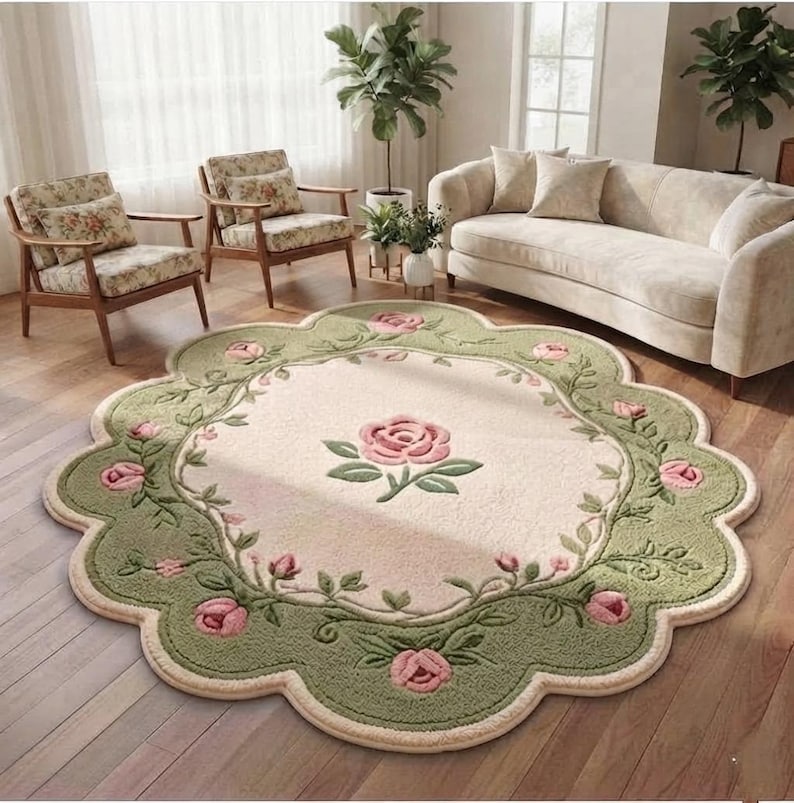 Op de afbeelding: Een rond vloerkleed met geschulpte randen, voorzien van een cr&egrave;mekleurig midden met een enkele roze roos, omringd door een brede saliegroene rand versierd met een herhalend patroon van roze rozenbloesems, knoppen en groene bladranken.