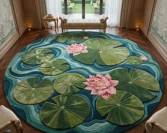 Handgetuft wollen vijverkleed, waterlelie-lotuskleed, natuurgeïnspireerde woonkamerdecoratie