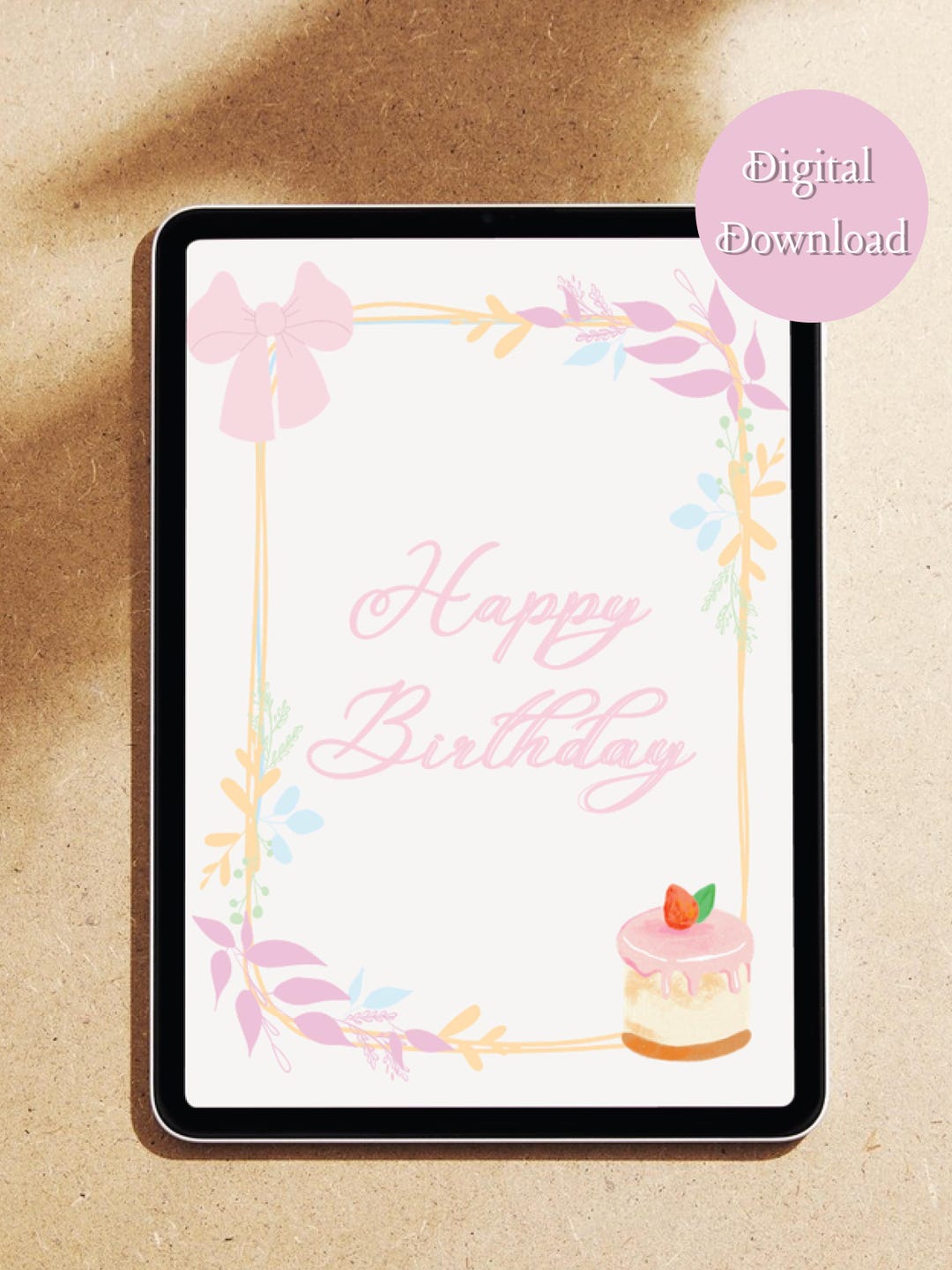 Pastel Pink Birthday Card Printable Digital Download Floral Bow - Etsy