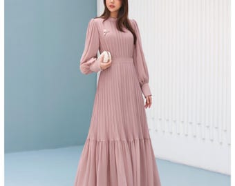 Pleated Maxi Dress with Belt – Elegant Flowing Abaya, Modest Evening Gown