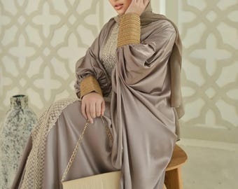 Jihan Exclusive Abaya, Silk Kaftan Dress with Lace, Middle Eastern Modest Style