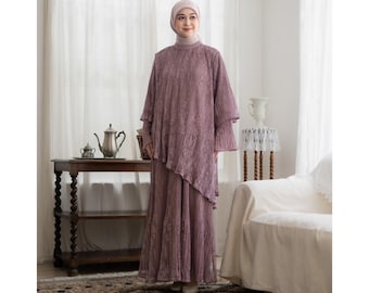 Lace Pleated Maxi Dress, Asymmetrical A-Line Formal Gown, Modest Evening Wear