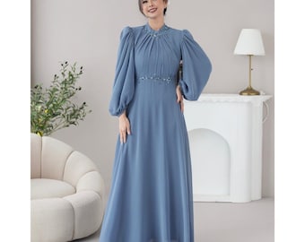 Modest Maxi Dress with Puffy Sleeves and Beaded Embellishments | Elegant Evening Gown