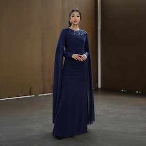 long sleeves muslim party dresses with cape sleeves covered Nude Luxury Long Sleeves Muslim Evening Dresses with Cape SS369A Emerald Green / 22