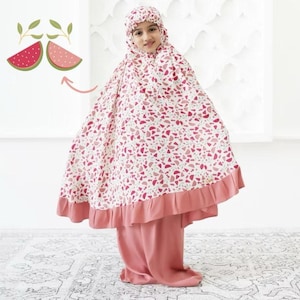 Barn Mukena böneoutfit – vattenmelonmönster, 100 % naturlig rayon, lätt och andningsbar klänning