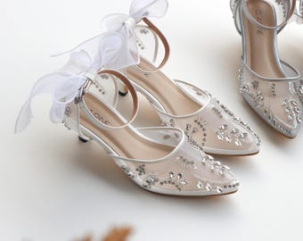 Elegant Silver Pointed Toe Kitten Heels, The Bow Edition Bridal Shoes, Beaded Heels 5cm