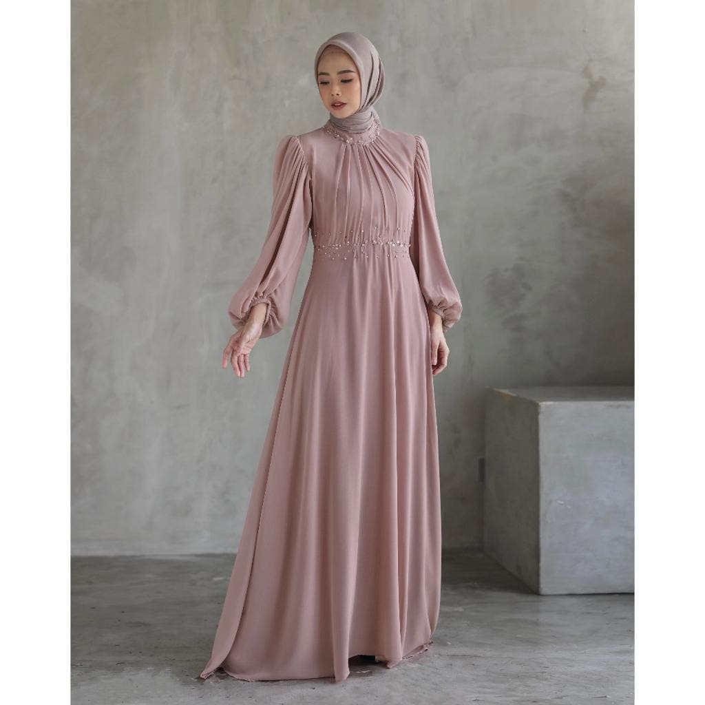 amore vintage cream dropped waist midi dress Yasemin Modest Evening Dress – Merhaba Boutique main image 1